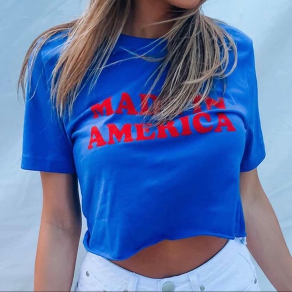 Made In America Crew Neck Crop Top Short Sleeve Tee Shirt With A Raw Hem Line - Picture 2 of 3